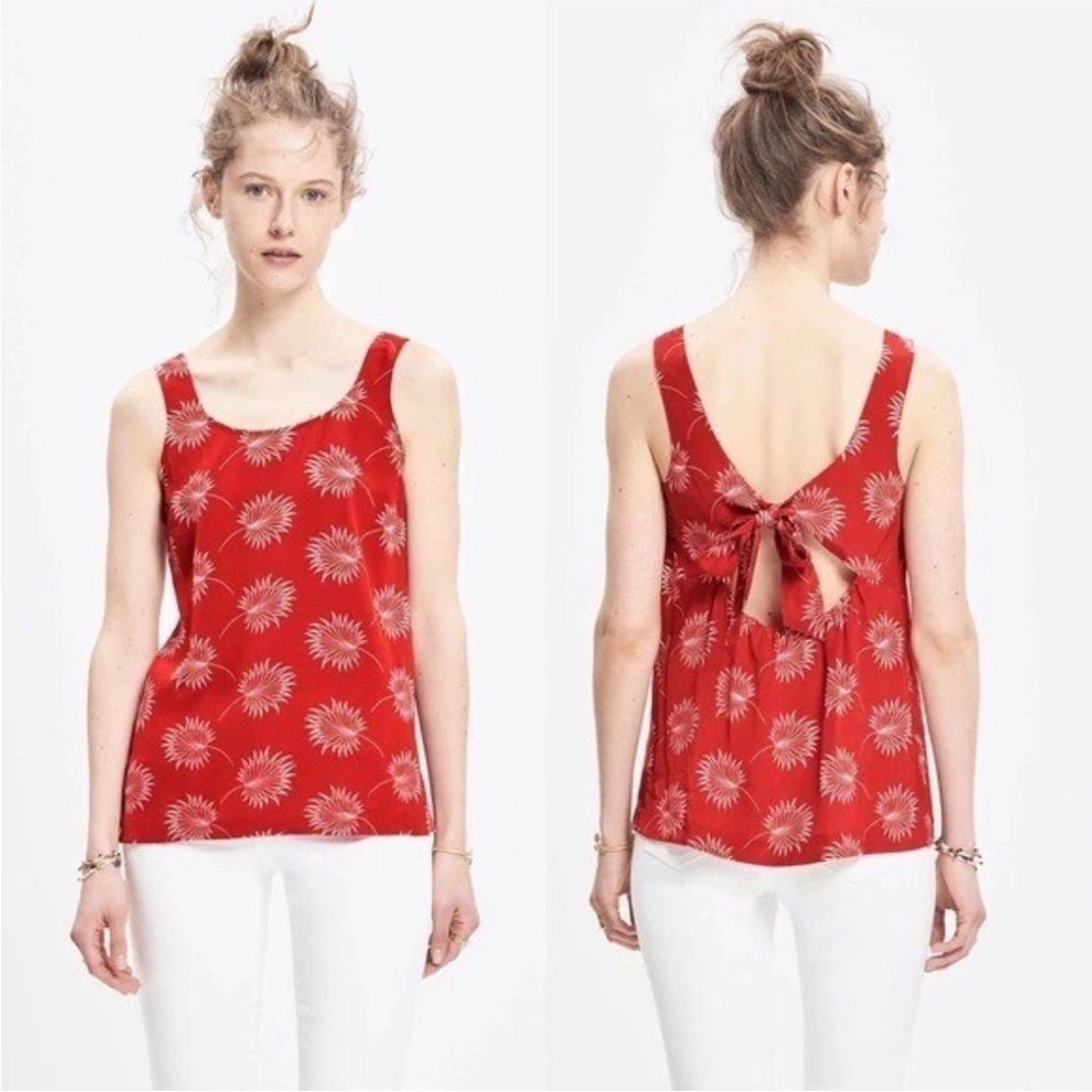 Madewell Lookout Bow-Back Silk Tank in Palm Flowers-Red-Size Small-Boho